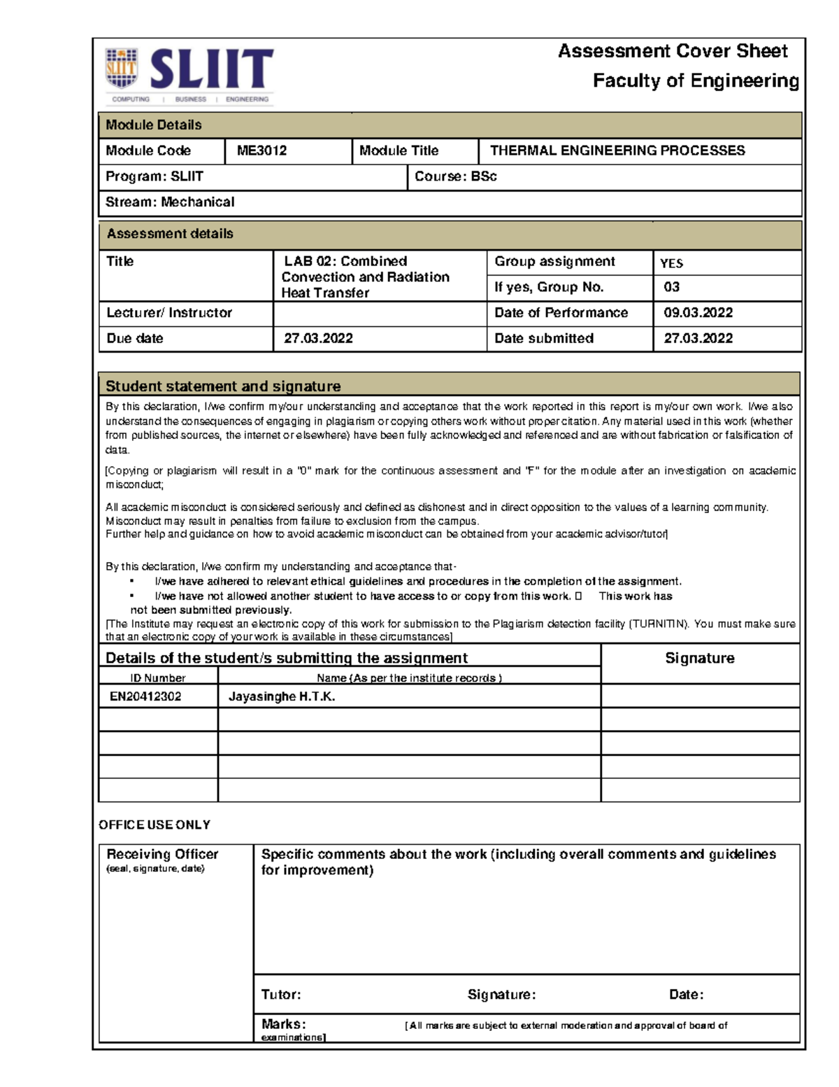 Combined Convection and Radiation Heat Transfer Lab Report EN20412302