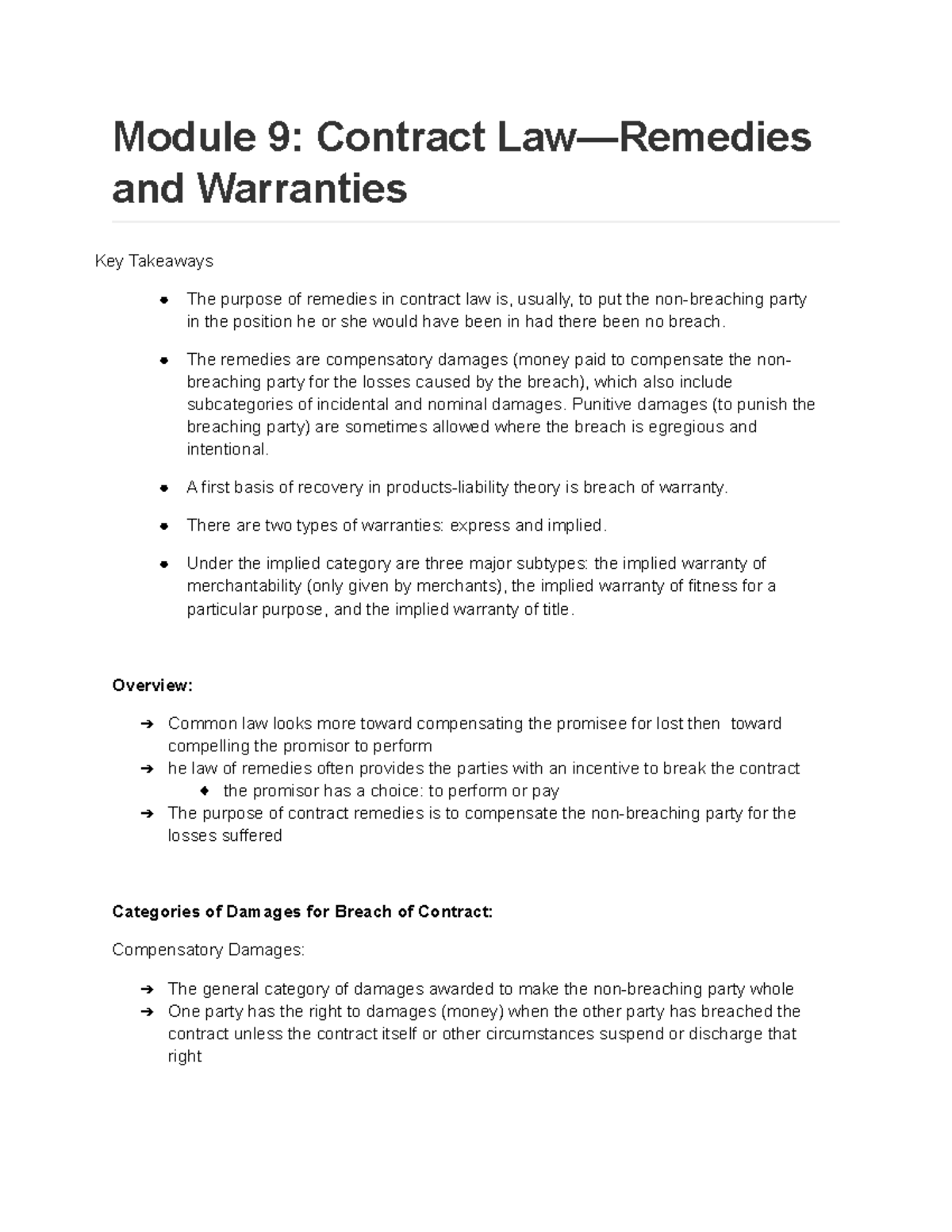 Module 9 Contract Law—Remedies and Warranties Module 9 Contract Law