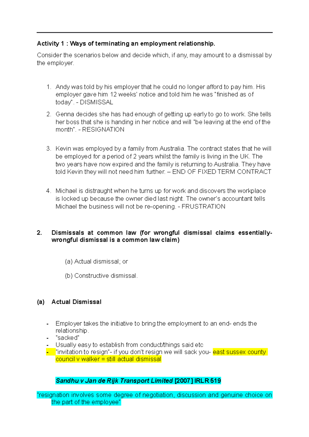 LG4 - Lecture notes 4 - Activity 1 : Ways of terminating an employment ...