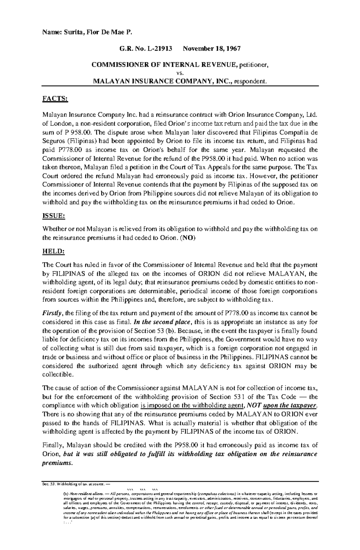 Commissioner vs. Malayan Insurance, 21 SCRA 544 - Name: Surita, Flor De ...