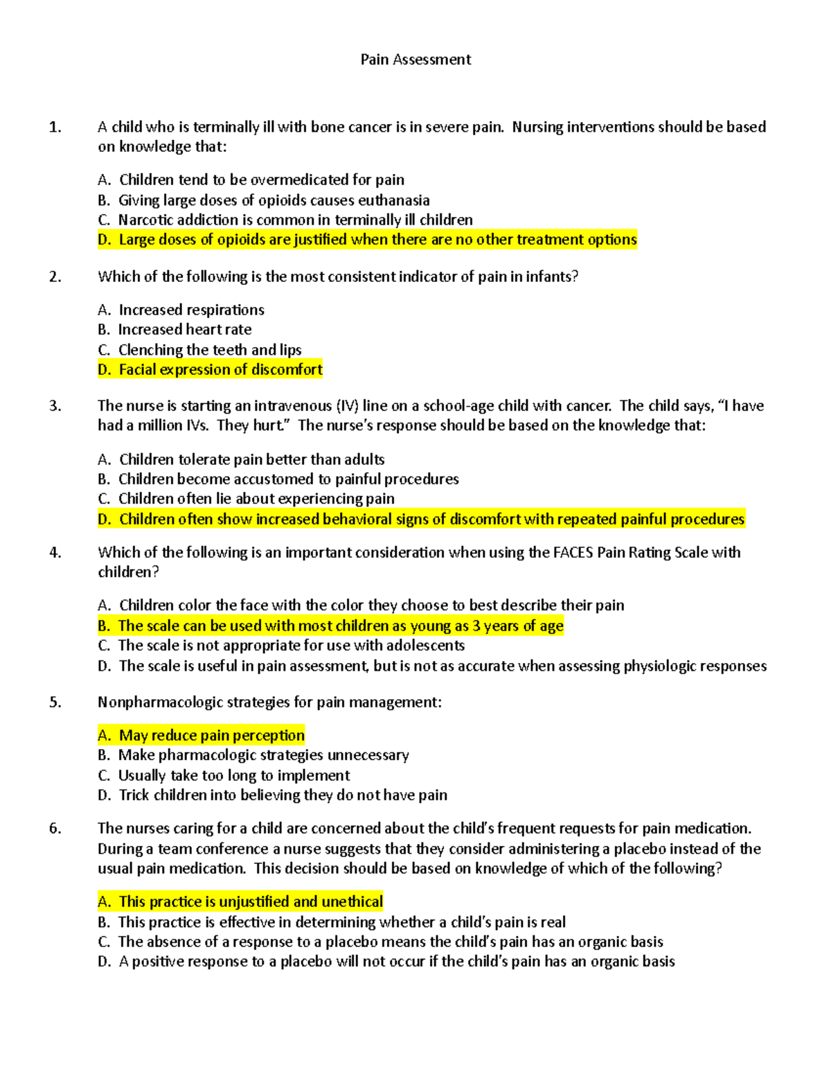 Pain Assessment Quiz Answer Key Pain Assessment A Child Who Is 