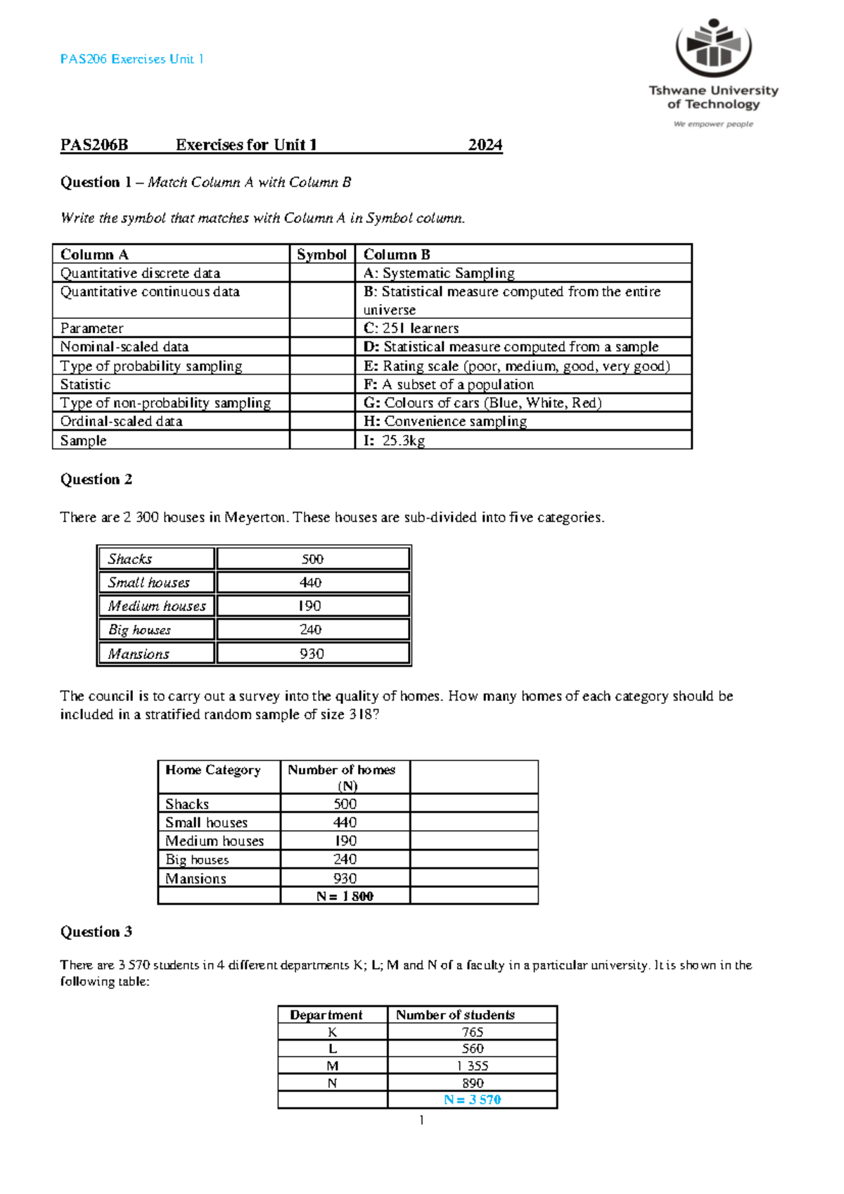 PAS206 Exercises Unit 1 - PAS206B Exercises for Unit 1 2024 Question 1 ...