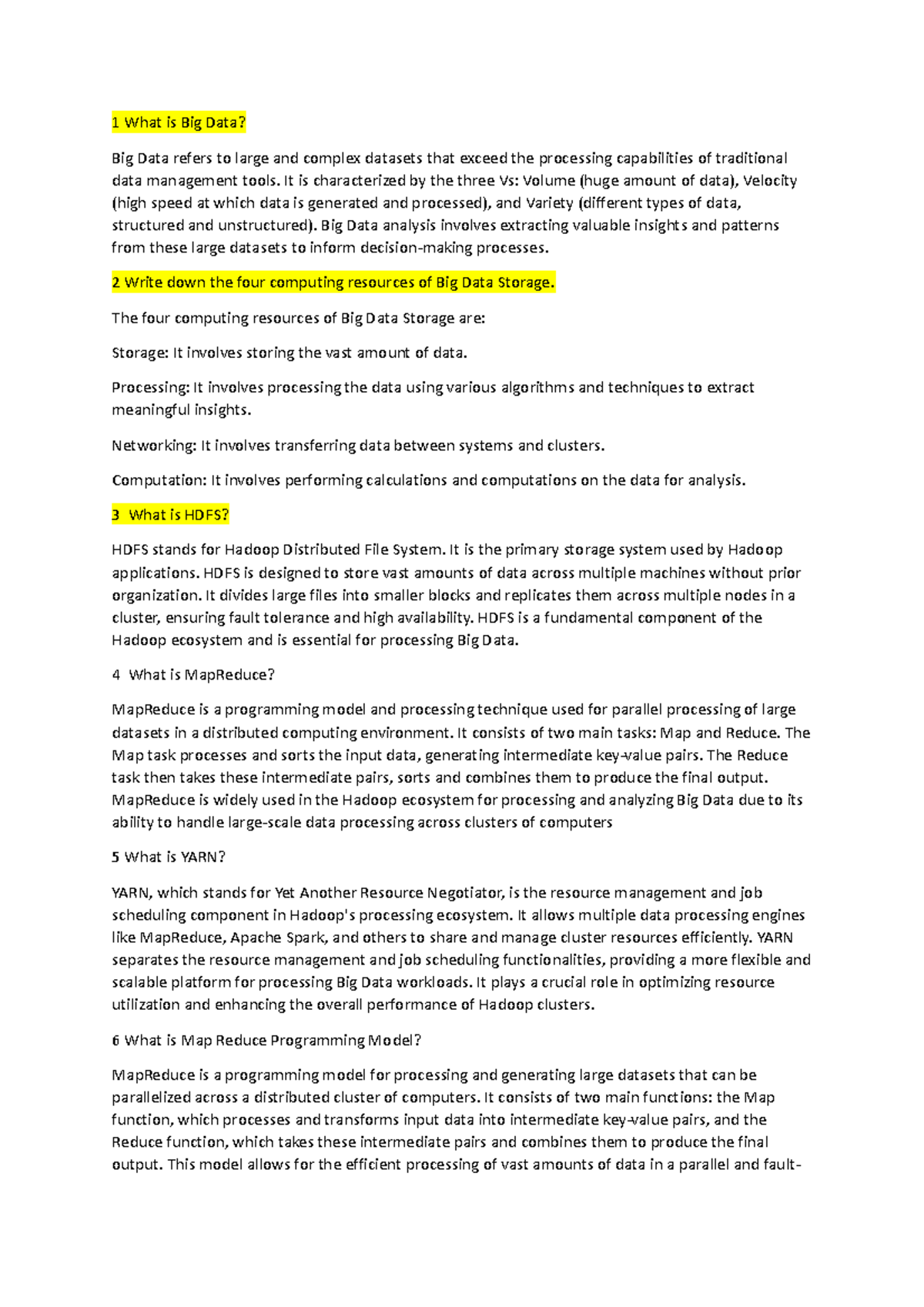 Bd qns with ans - BD QUESTIONS AND ANSWERS - 1 What is Big Data? Big ...