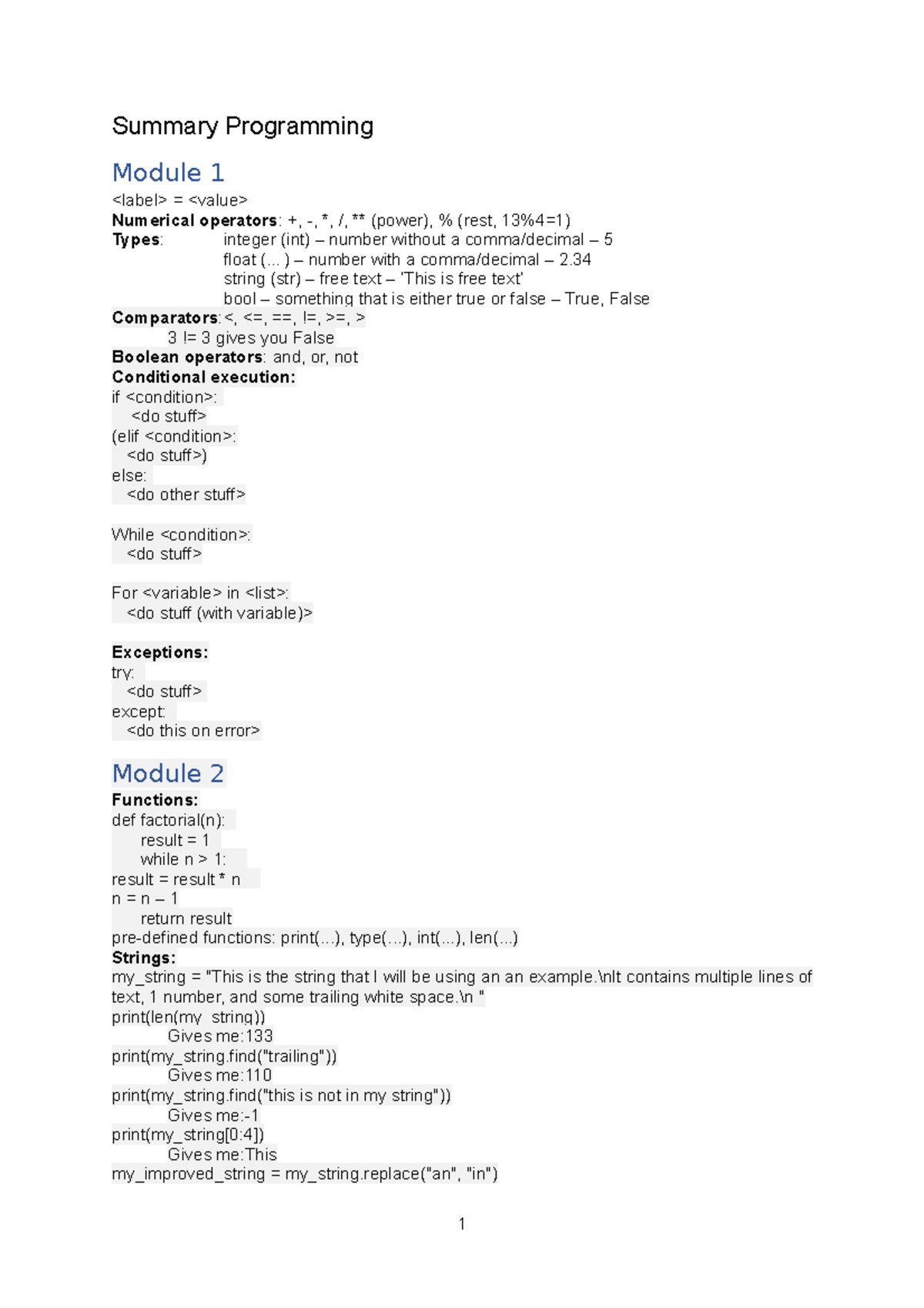 Summary Programming - Summary Programming Module 1 = Numerical ...