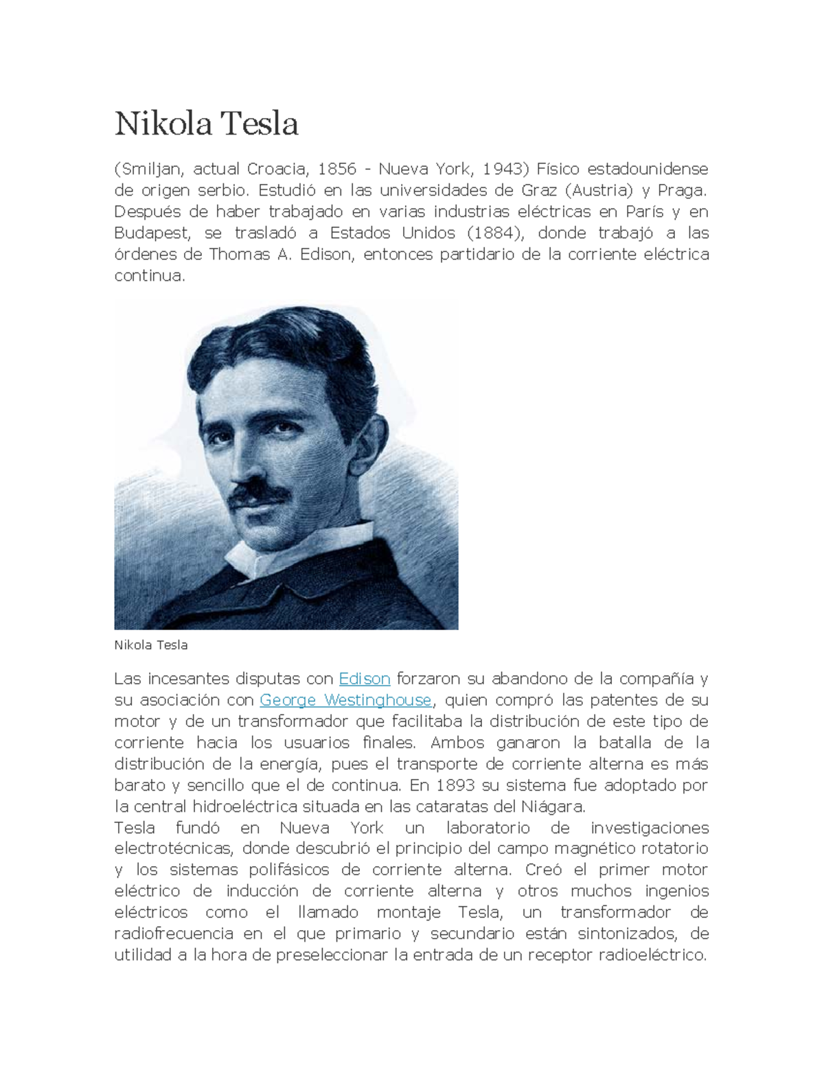 Nikola Tesla - biografia - Nikola Tesla (Smiljan, actual Croacia, 1856 ...