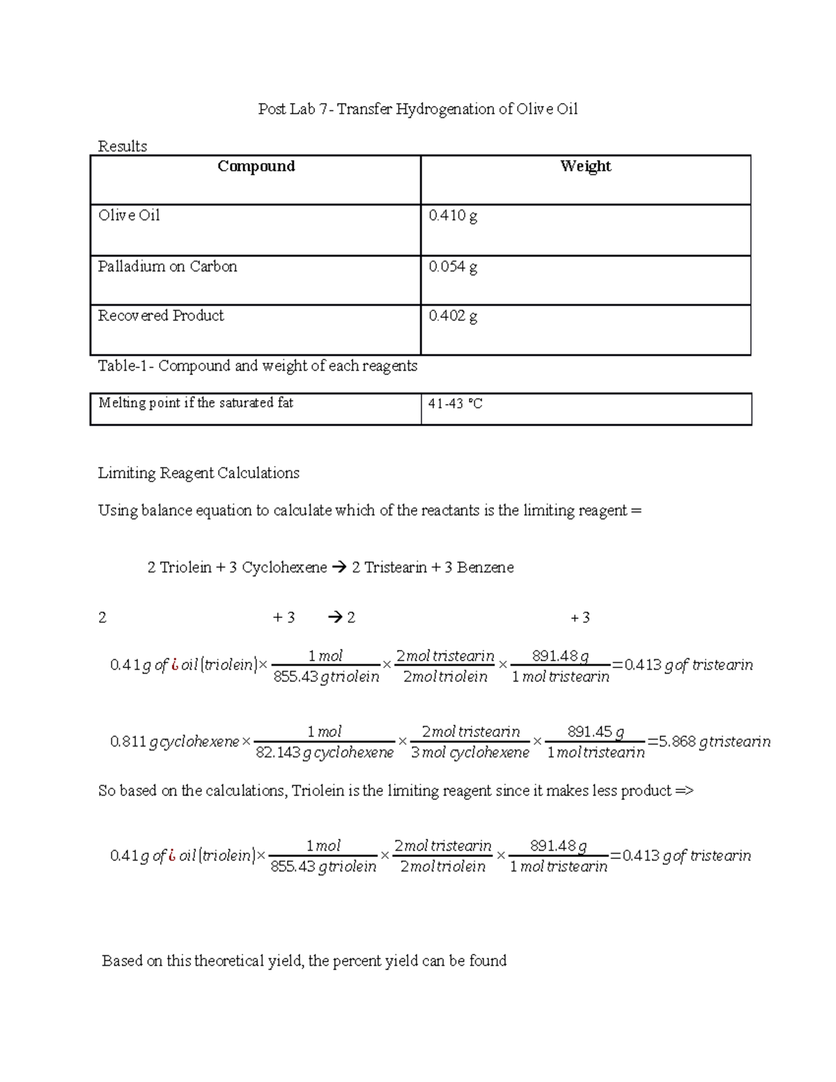 Hydrogenation of olive oil parsa - Post Lab 7- Transfer Hydrogenation ...