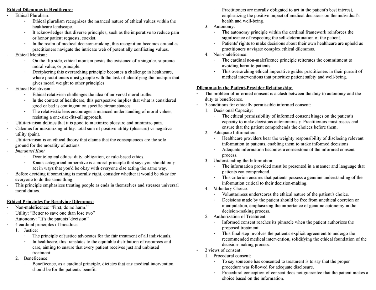 PHIL 2408 - Final Exam Cheat Sheet - Ethical Dilemmas in Healthcare ...