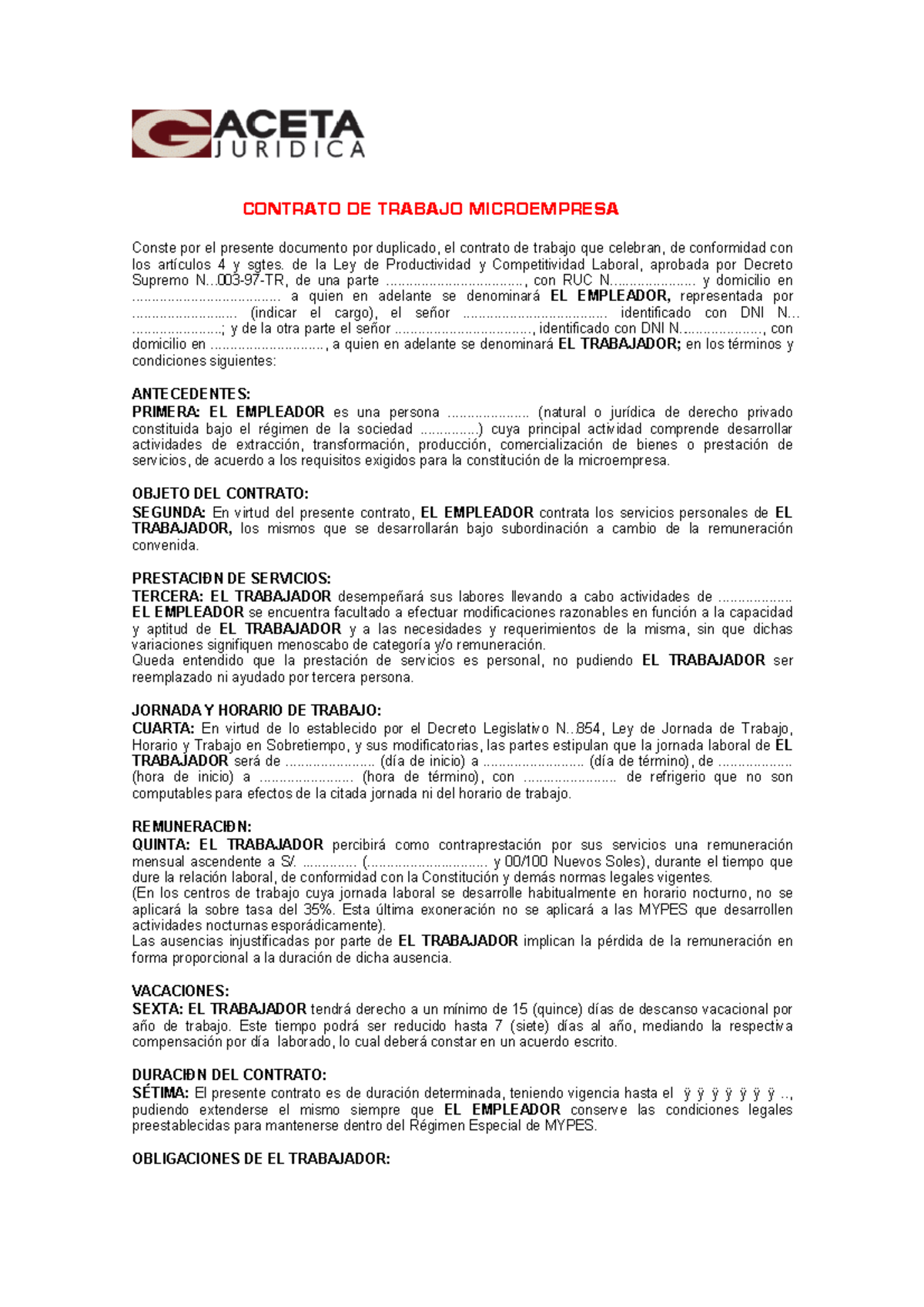 Contra traba microempre - CONTRATO DE TRABAJO MICROEMPRESA Conste por ...
