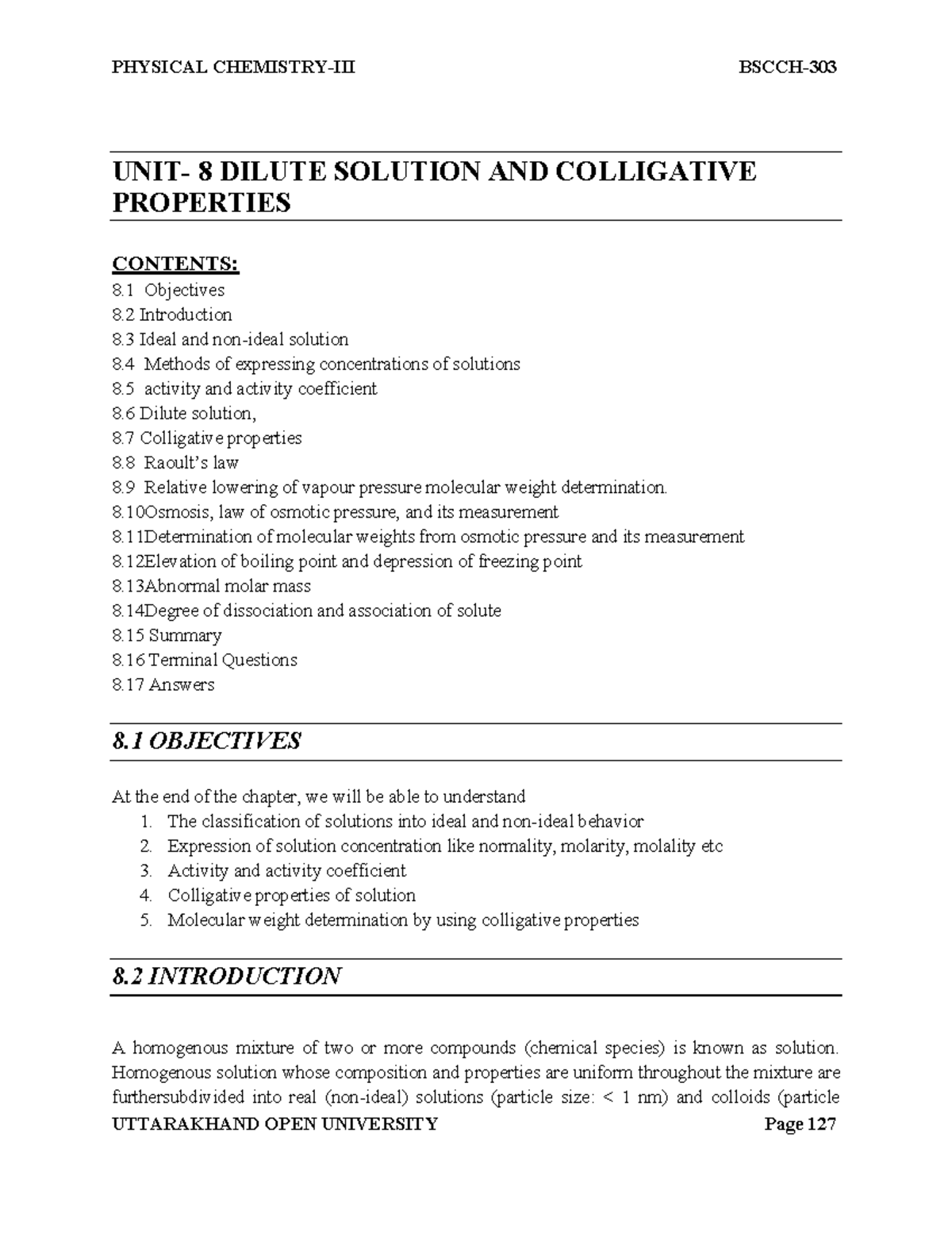 Solution and Colligative Properties UNIT 8 DILUTE SOLUTION AND