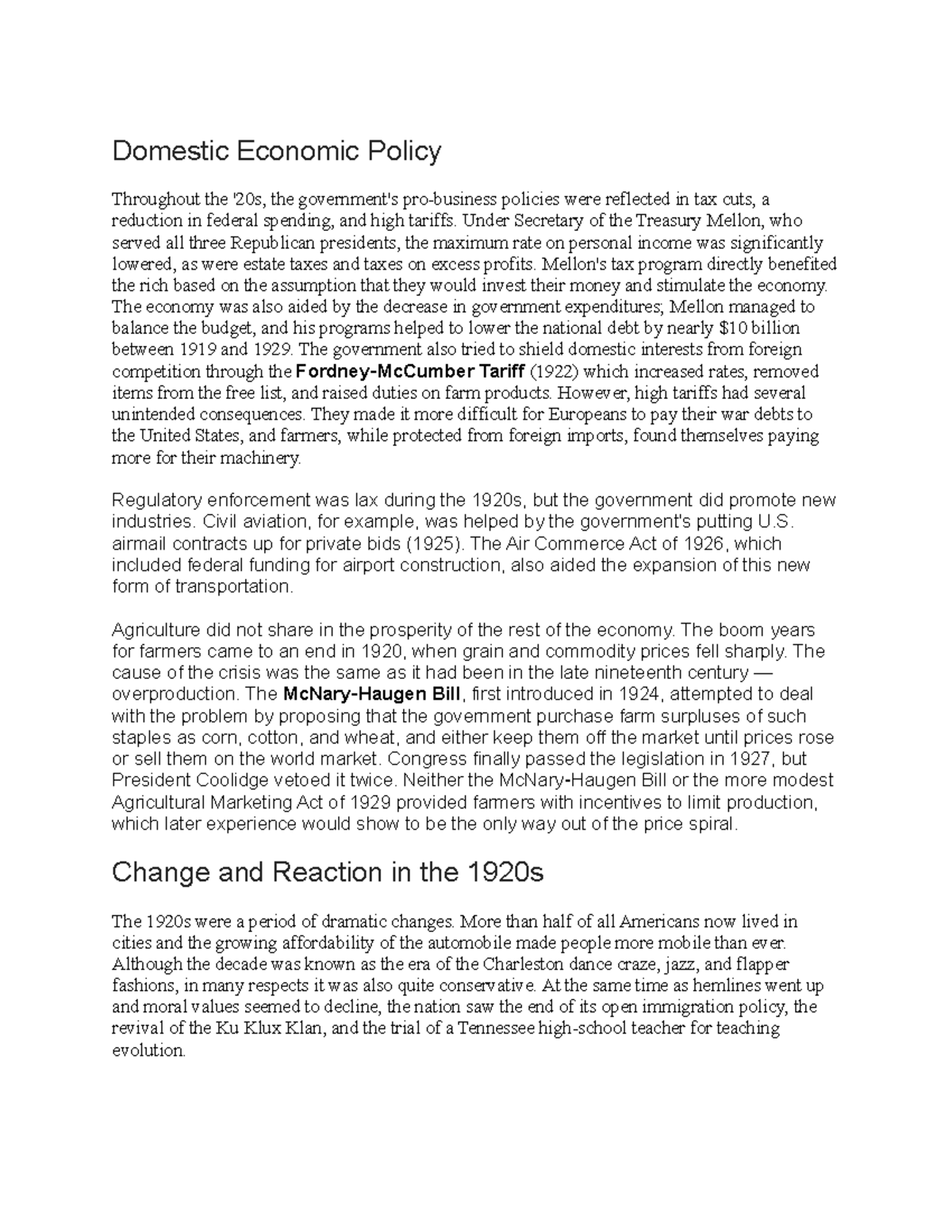 domestic economic policy assignment