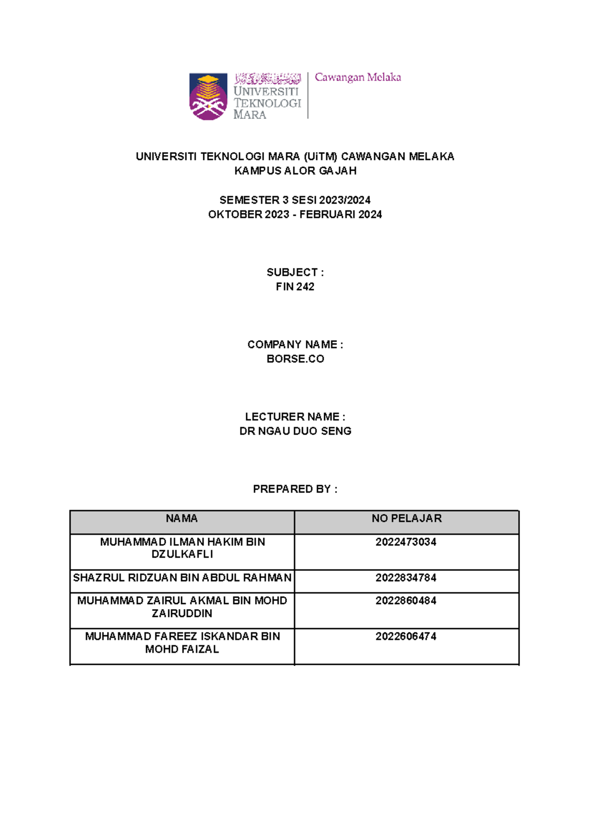 Fin 242 Group Assignment 2 2 1 Universiti Teknologi Mara Uitm