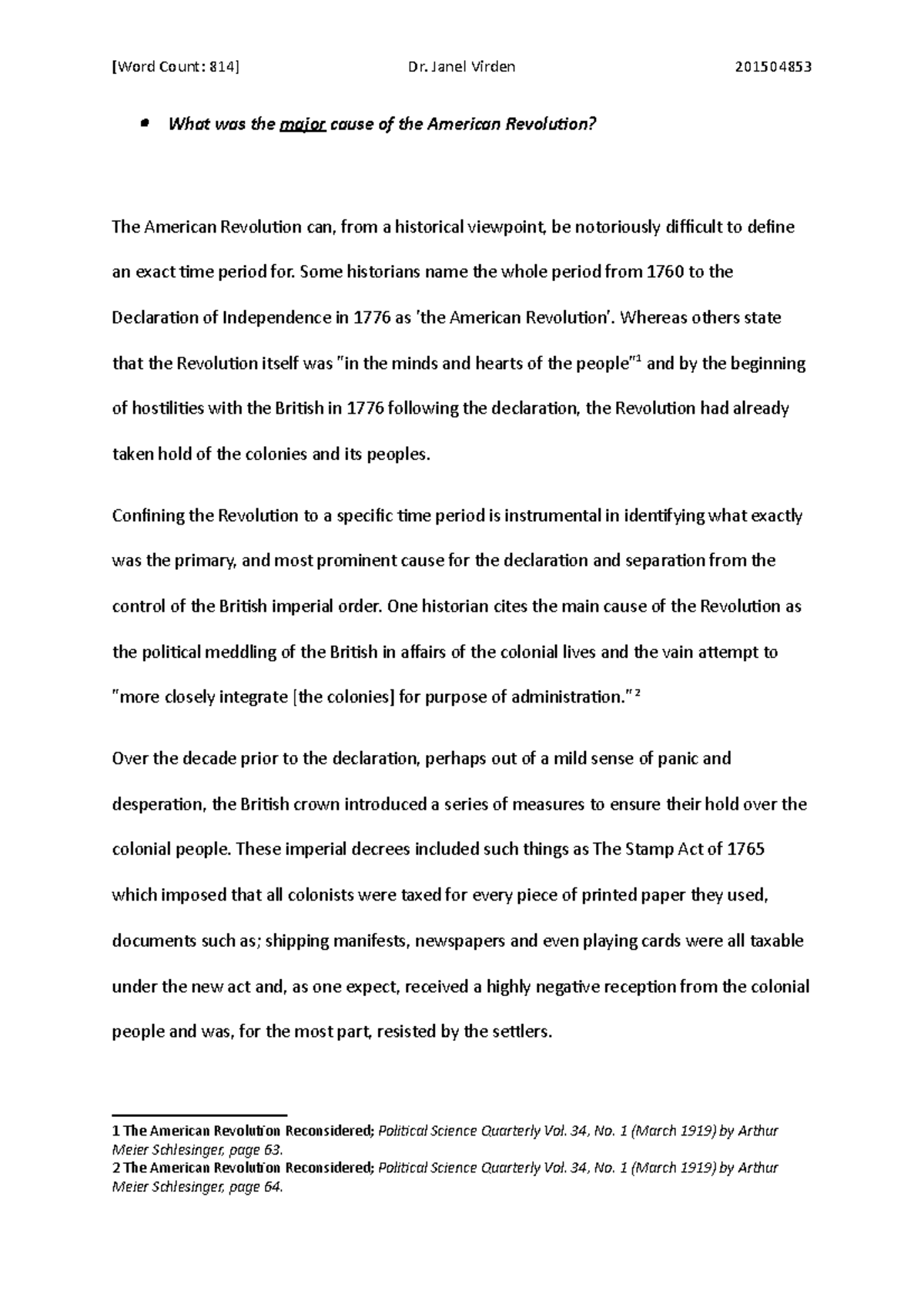 American Revolution Assignment - [Word Count: 814] Dr. Janel Virden ...