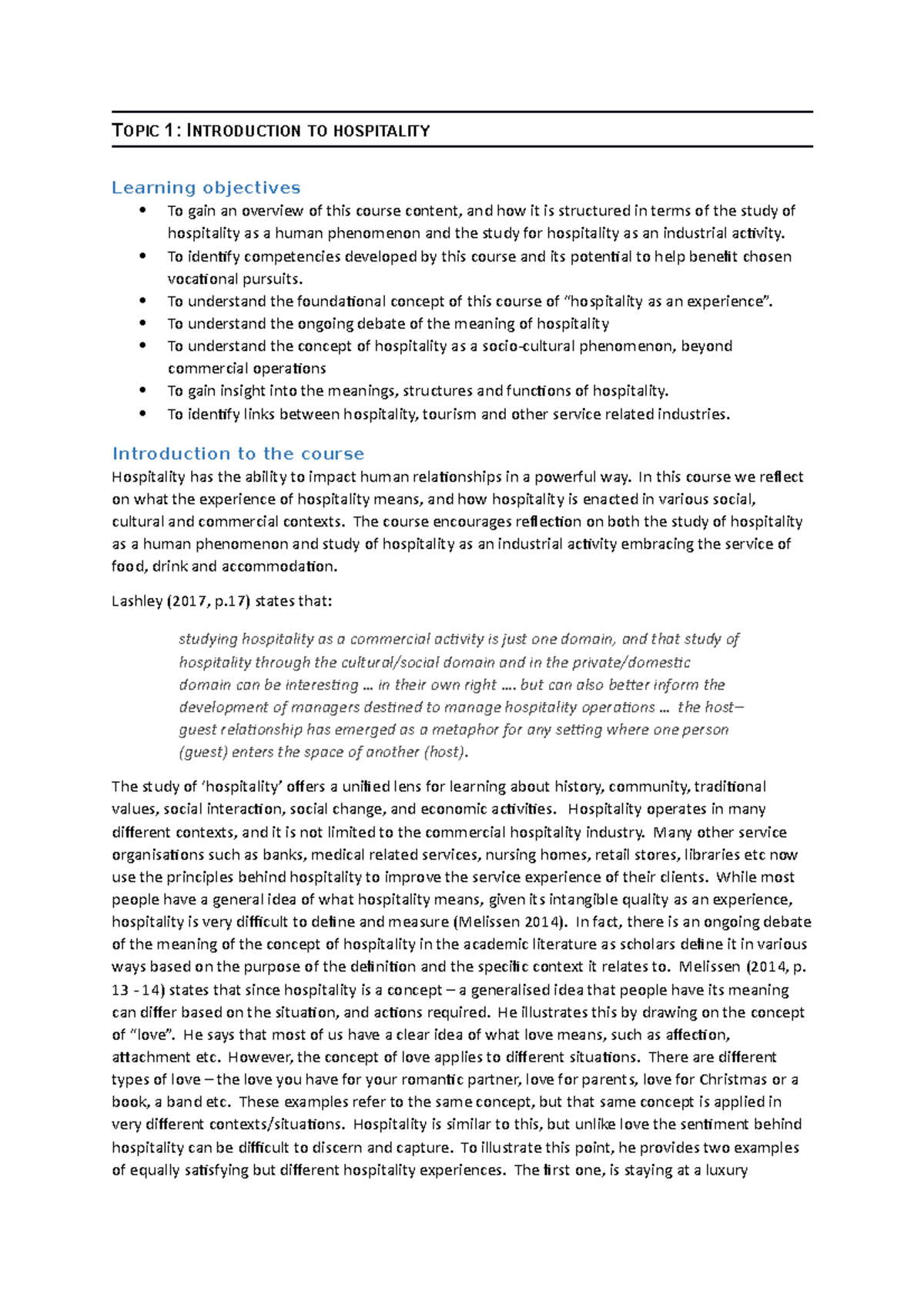 Topic 1 Study Note - TOPIC 1: INTRODUCTION TO HOSPITALITY Learning ...