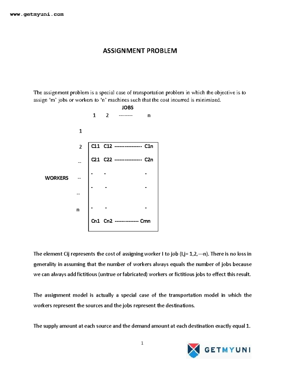 Assignment problem questions - ASSIGNMENT PROBLEM The assignment ...
