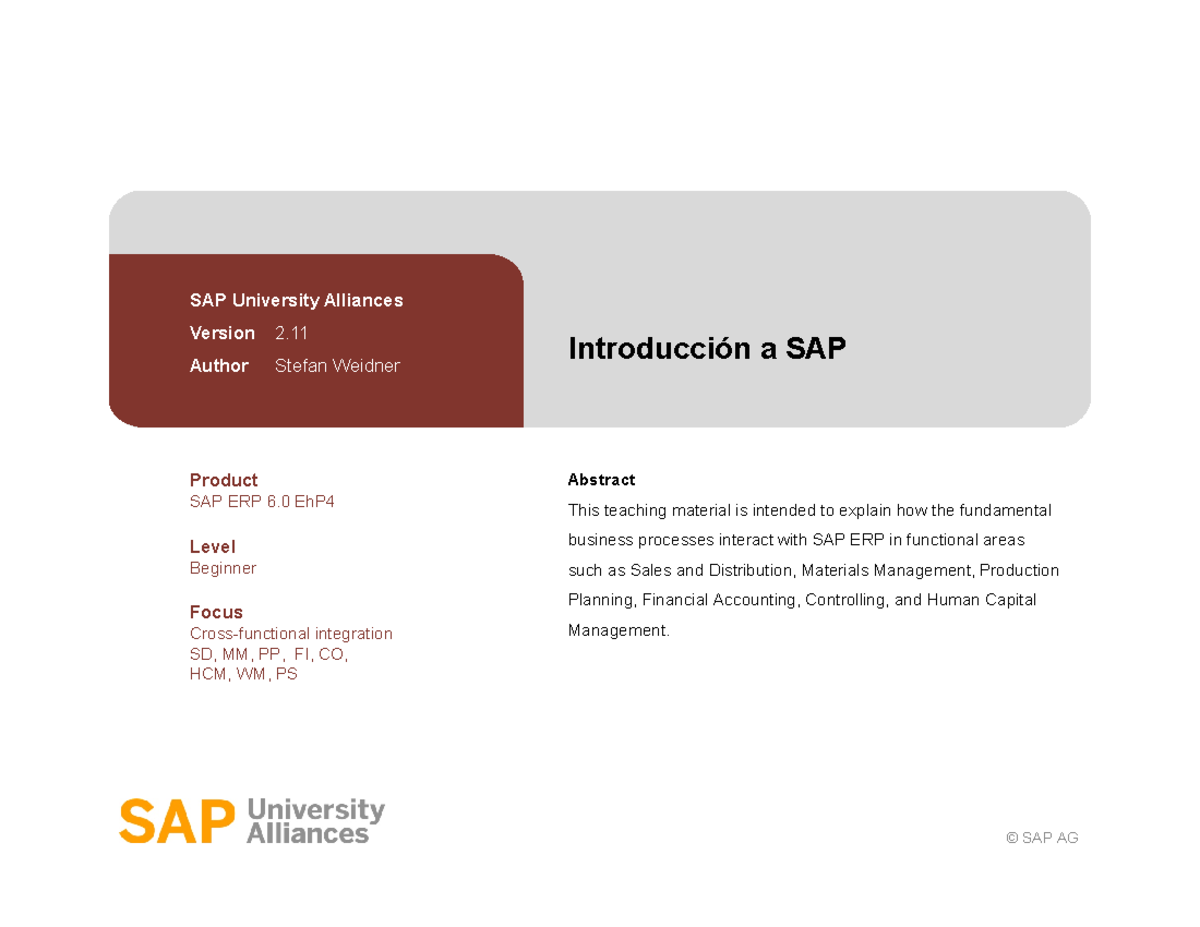 Introduction to SAP ERP Using Global Bike Inc 2.11 SAP Introduction es ...