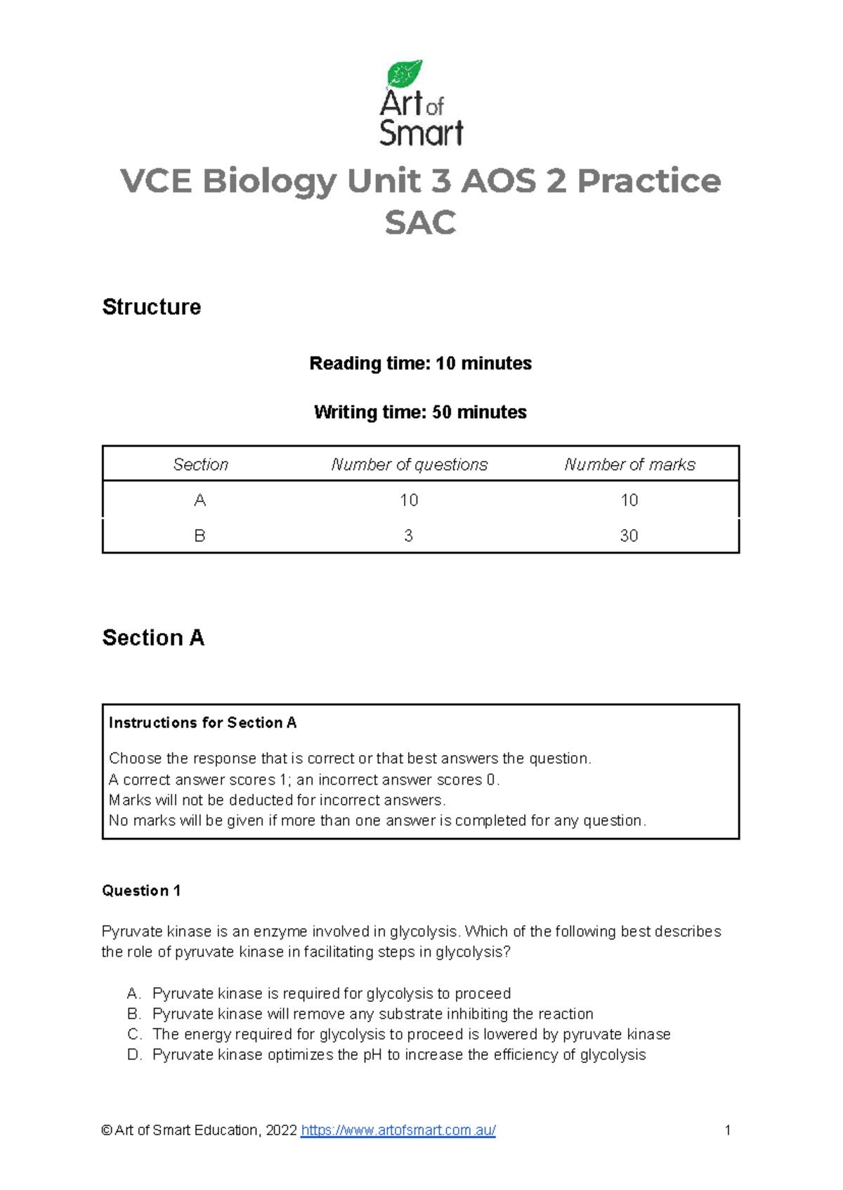 VCE Biology Unit 3 AOS 2 Practice SAC - Art of Smart Education - VCE ...