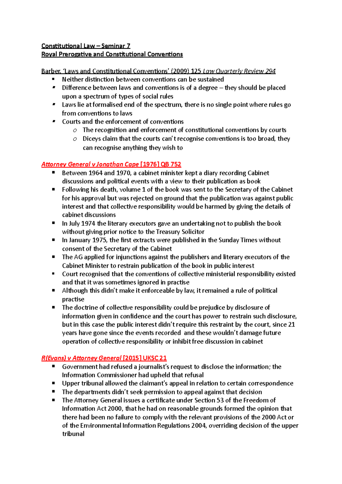Seminar 7 - Royal Prerogative and Conventions - Constitutional Law ...