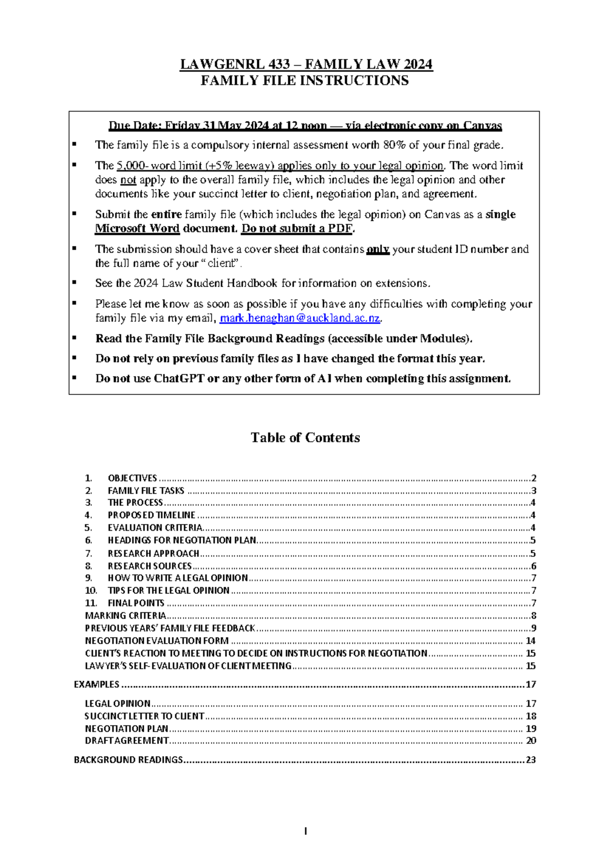 Lawgenrl 433 Family Law - 2024 Family File Instructions - LAWGENRL 433 ...