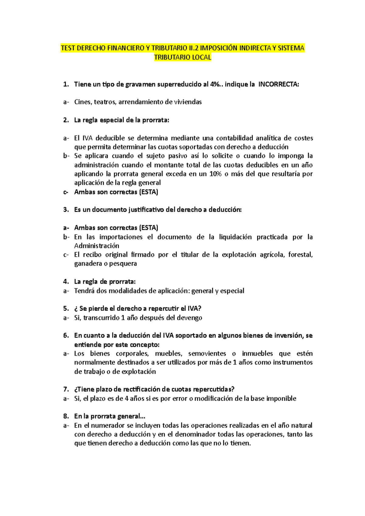 TEST Derecho Financiero Y Tributario II. IMPOSICION INDIRECTA Y SISTEMA ...