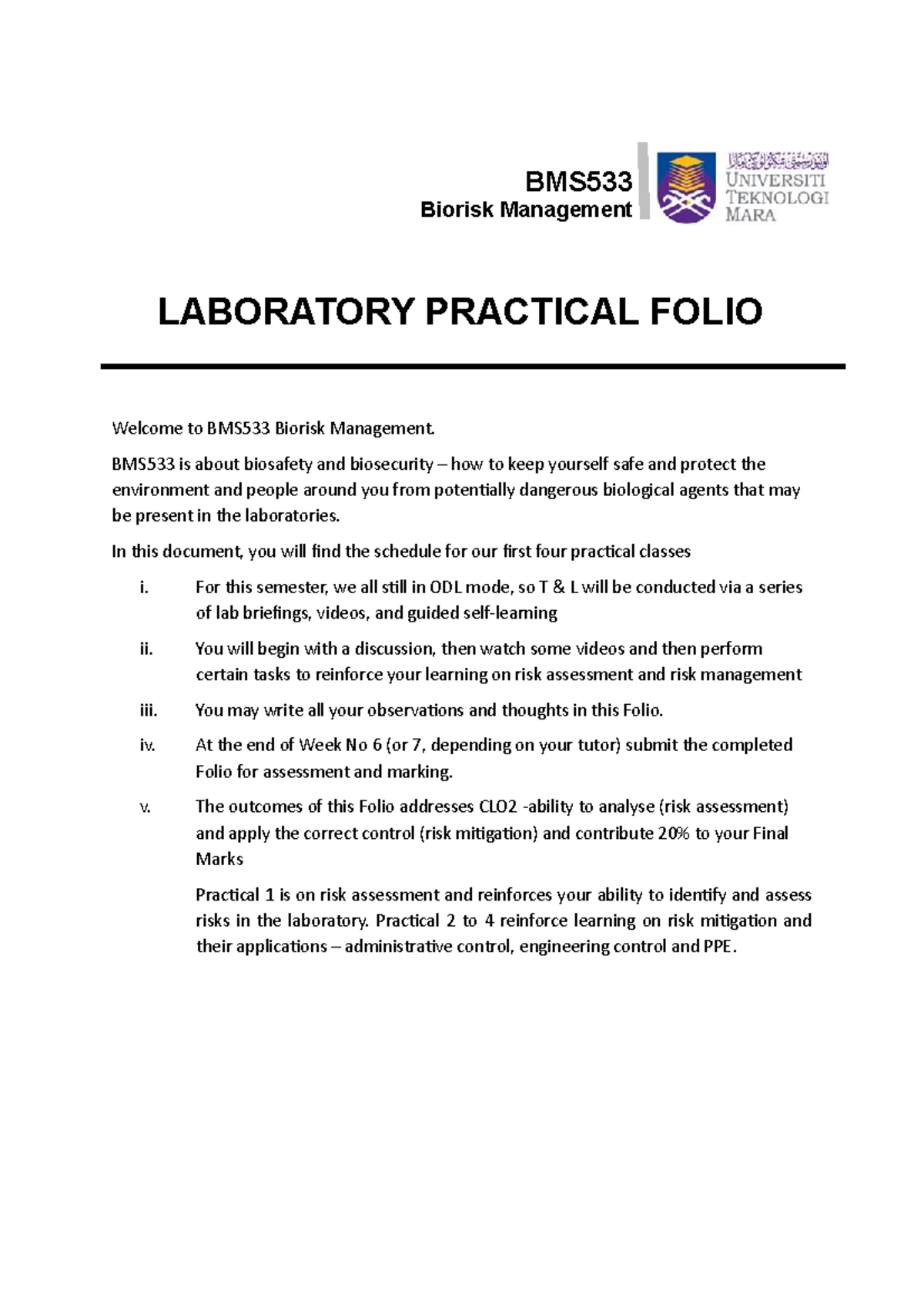 BMS533 LAB Manual - LABORATORY PRACTICAL FOLIO ####### Welcome to ...