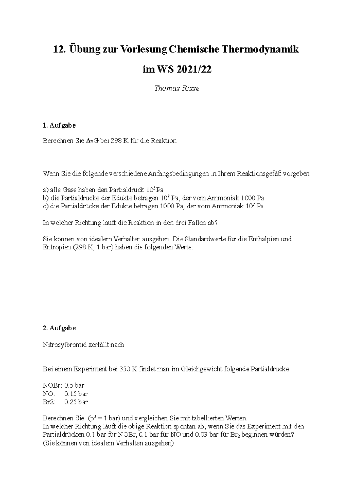 12. Übung Zur Vorlesung Chemische Thermodynamik - 12. Übung Zur ...
