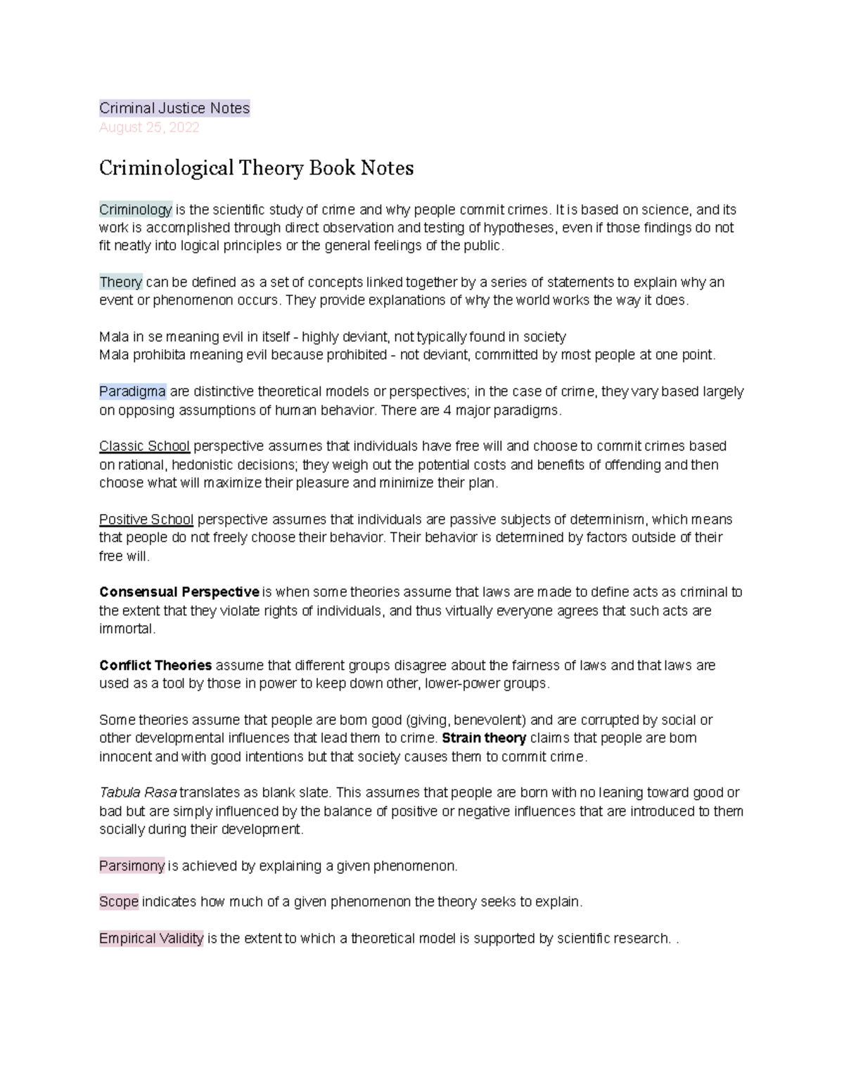 CJS 201 Notes - Criminal Justice Notes August 25, 2022 Criminological ...
