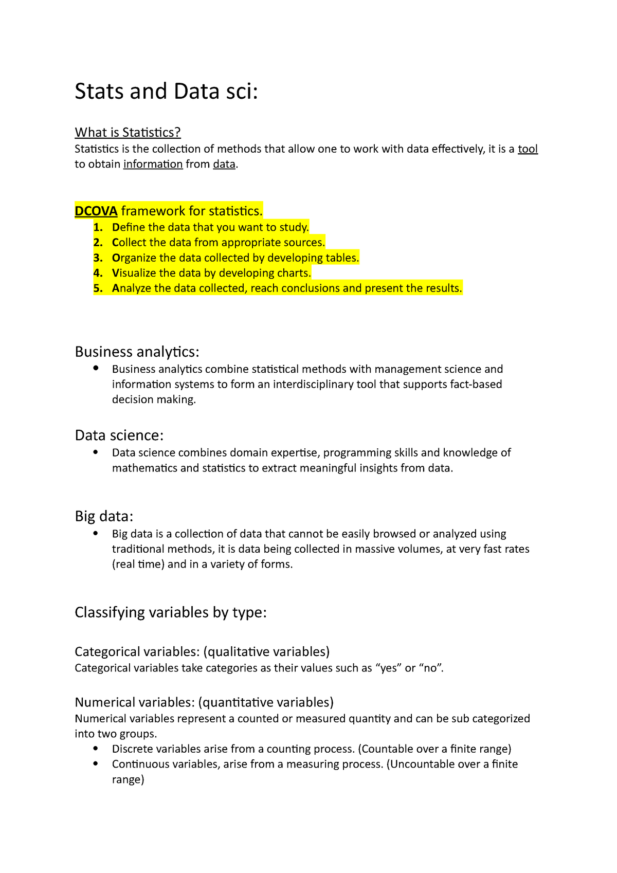 Stats And Data Sci A Summary Of The First 2 Chapters Stats And Data 