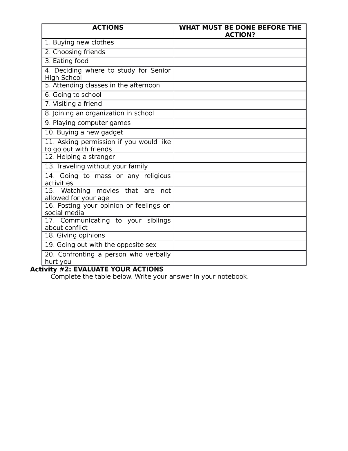 Activity - notes - Activity #2: EVALUATE YOUR ACTIONS Complete the ...