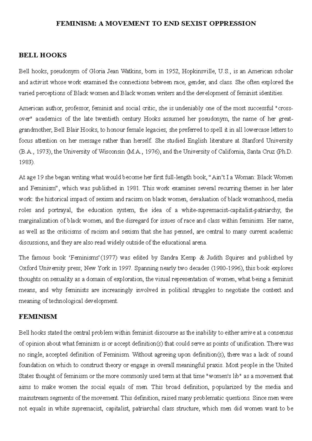 Bell hooks feminism FEMINISM A MOVEMENT TO END SEXIST OPPRESSION