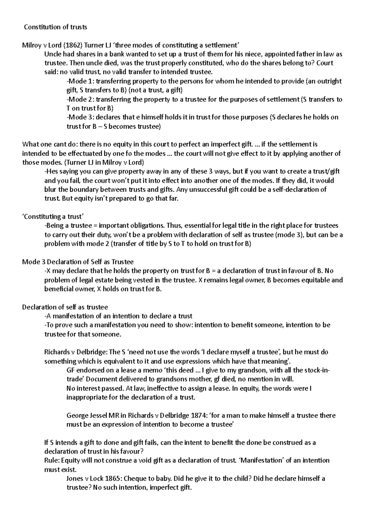 Equity L8 Constitution of trusts - Constitution of trusts Milroy v Lord ...