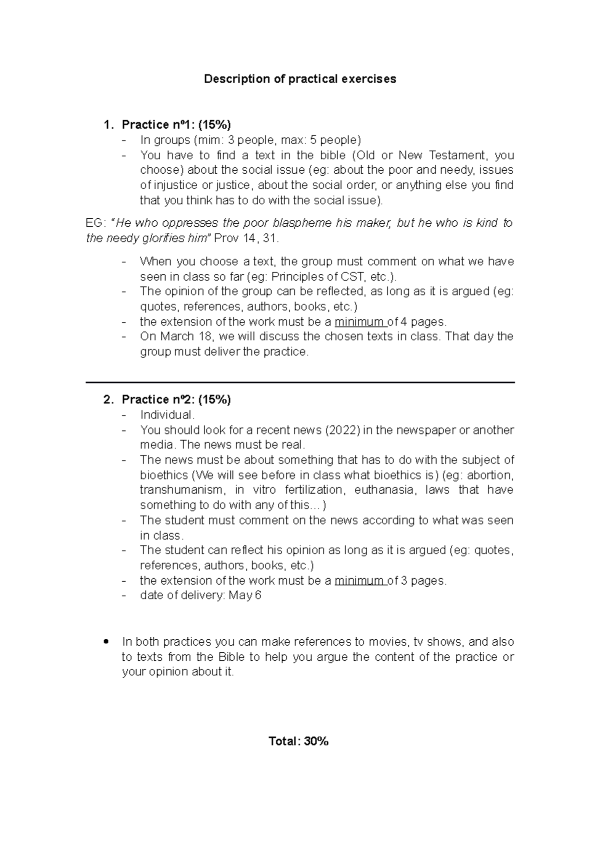 Description of practical exercises(1) - Practice nº1: (15%) - In groups ...