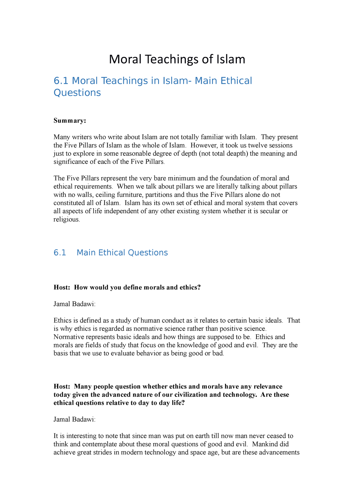 essay on moral values in islam