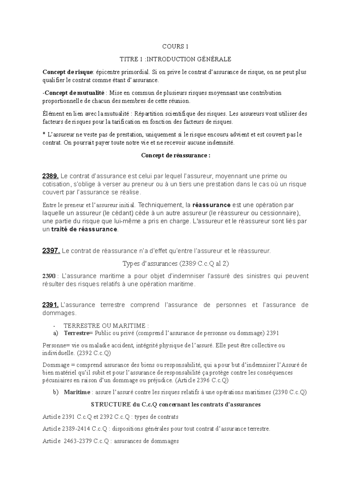 Cours 1 Droit Des Assurances Complet - COURS 1 TITRE 1 :INTRODUCTION ...