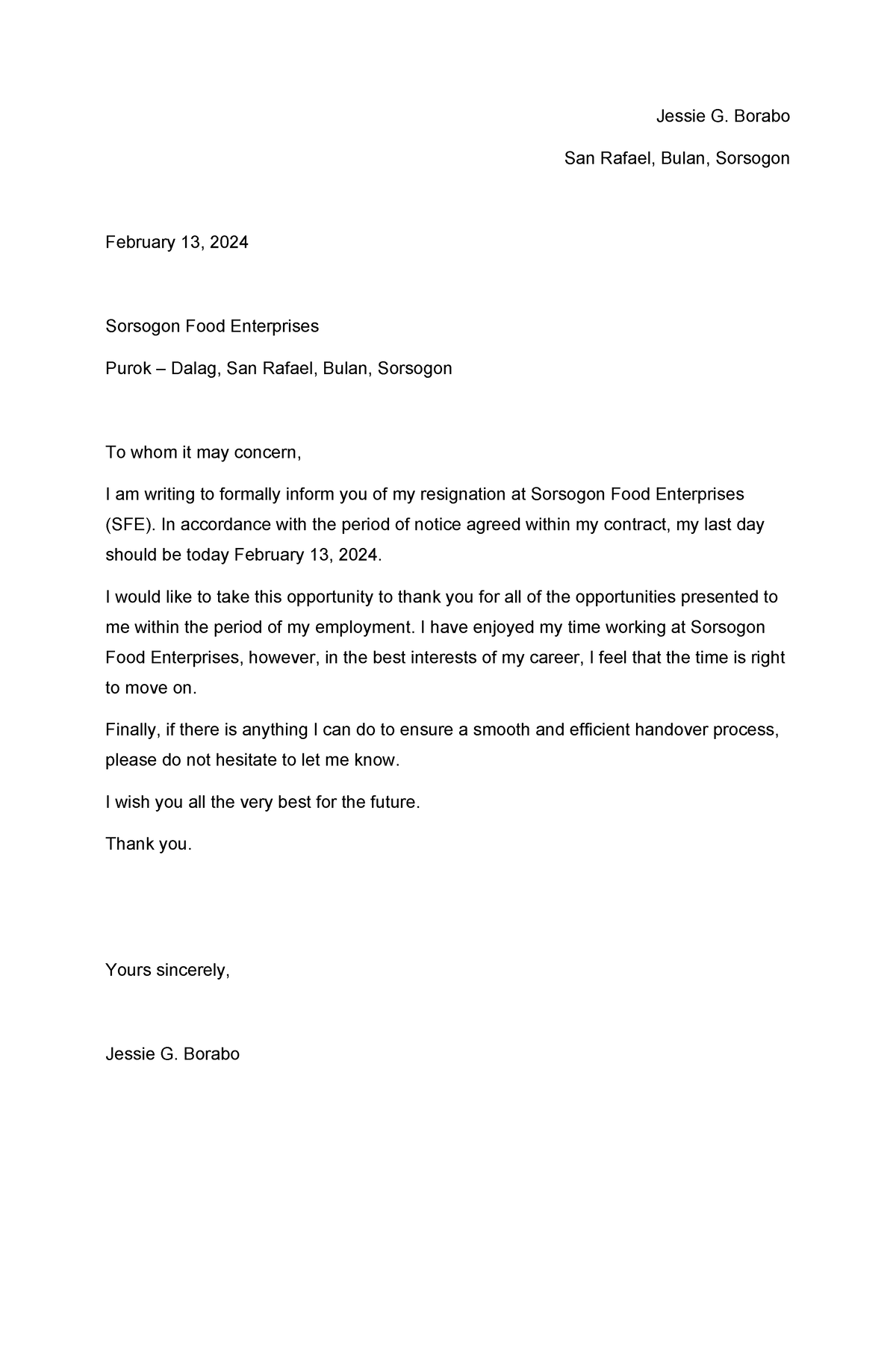 Basic resignation letter template - Jessie G. Borabo San Rafael, Bulan ...