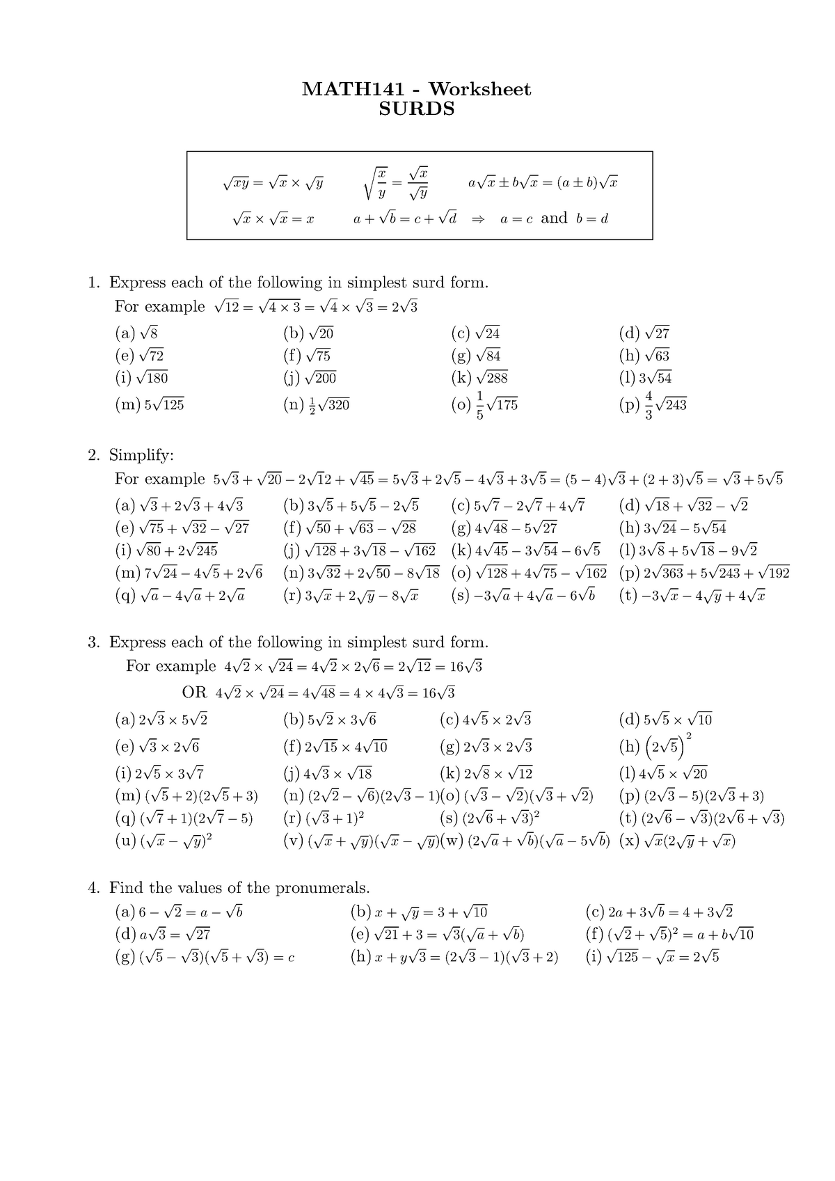 Surds - Extra help and examples - MATH141 - UOW - StuDocu