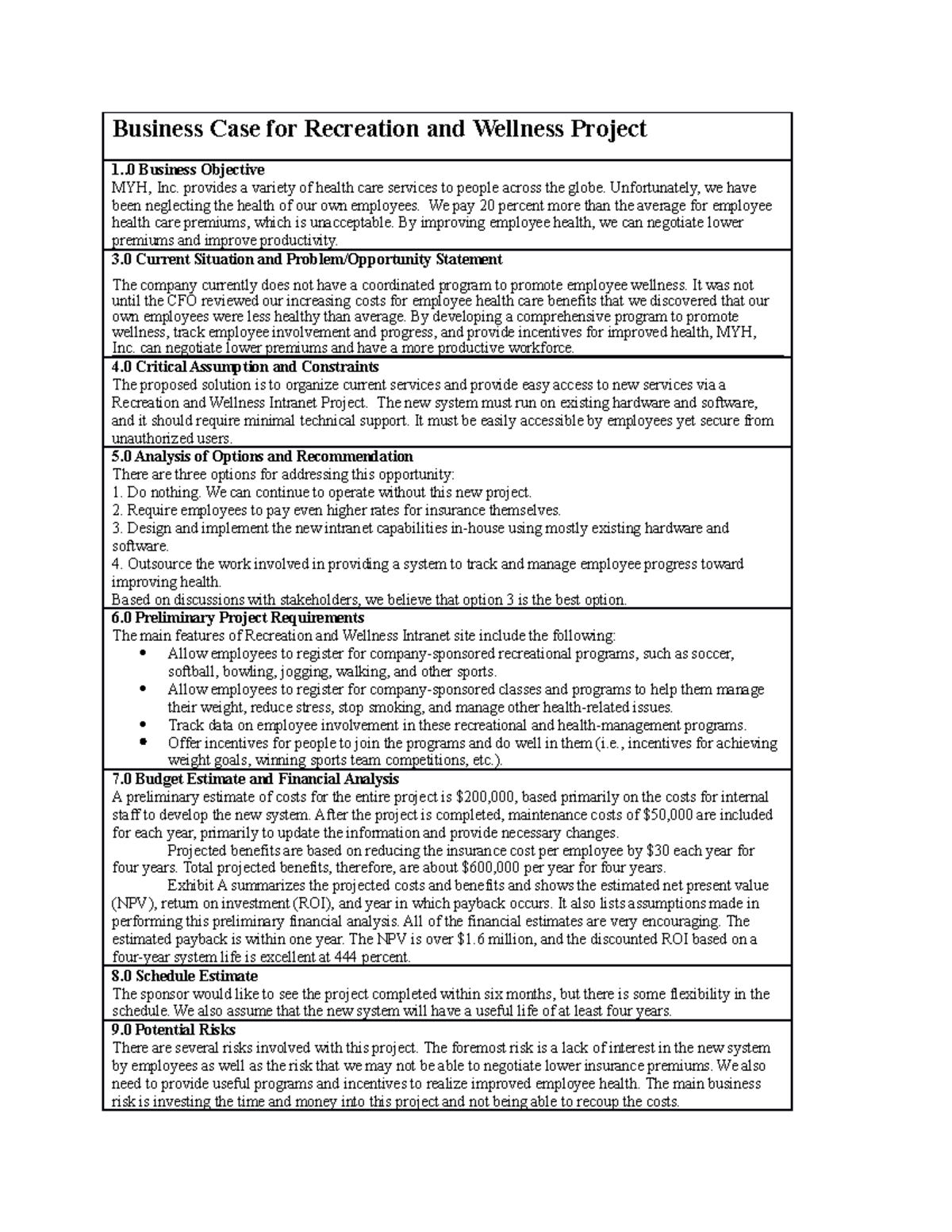 Business CaseProject charter Sample Business Case for Recreation and Wellness Project 1