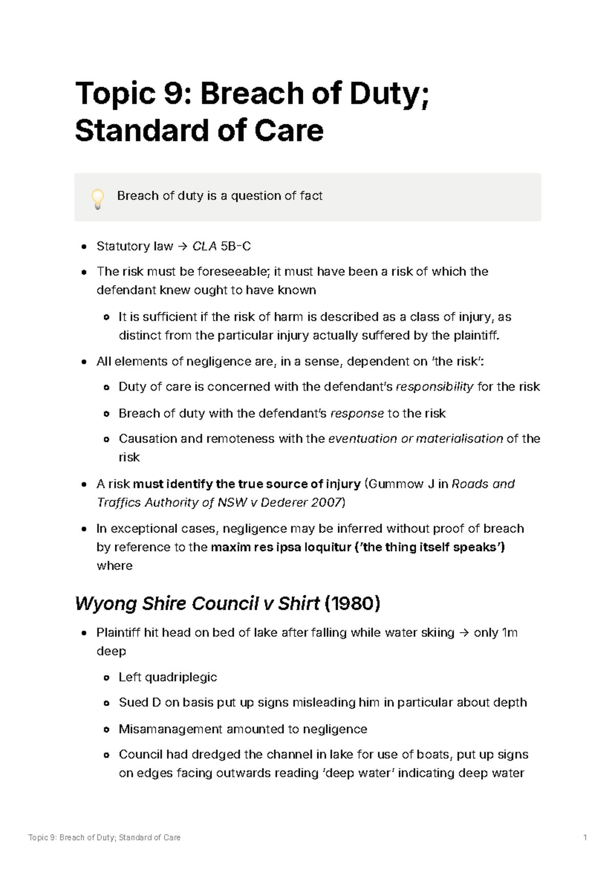 Breach of Duty Notes Torts - Topic 9: Breach of Duty; Standard of Care ...