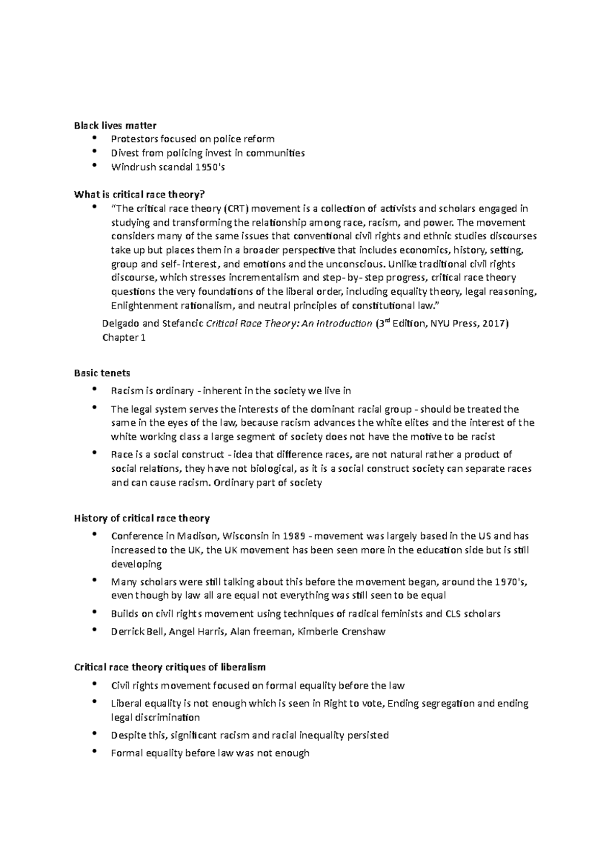 Law and society 15 - Critical race theory notes and institutional ...