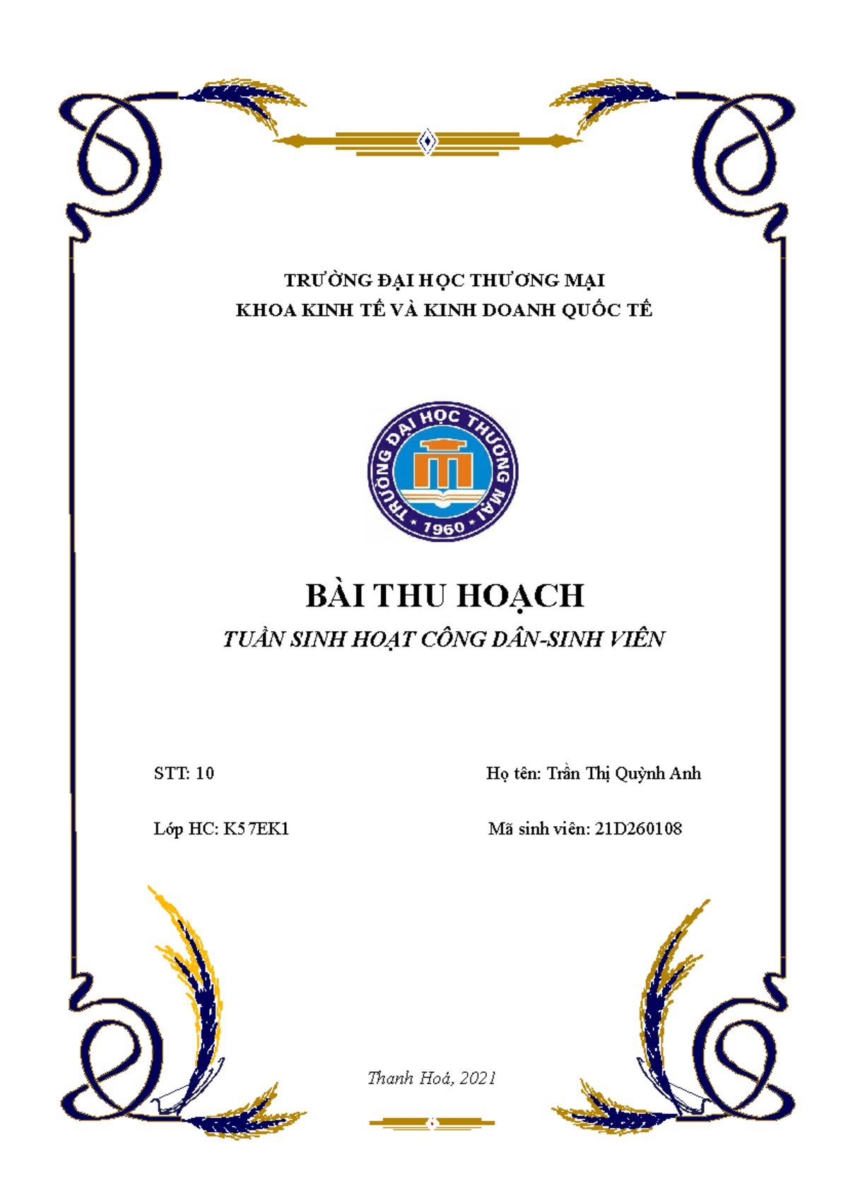 Bài thu hoạch của Qanh - BTH - TRƯỜNG ĐẠI HỌC THƯƠNG MẠI KHOA KINH TẾ ...