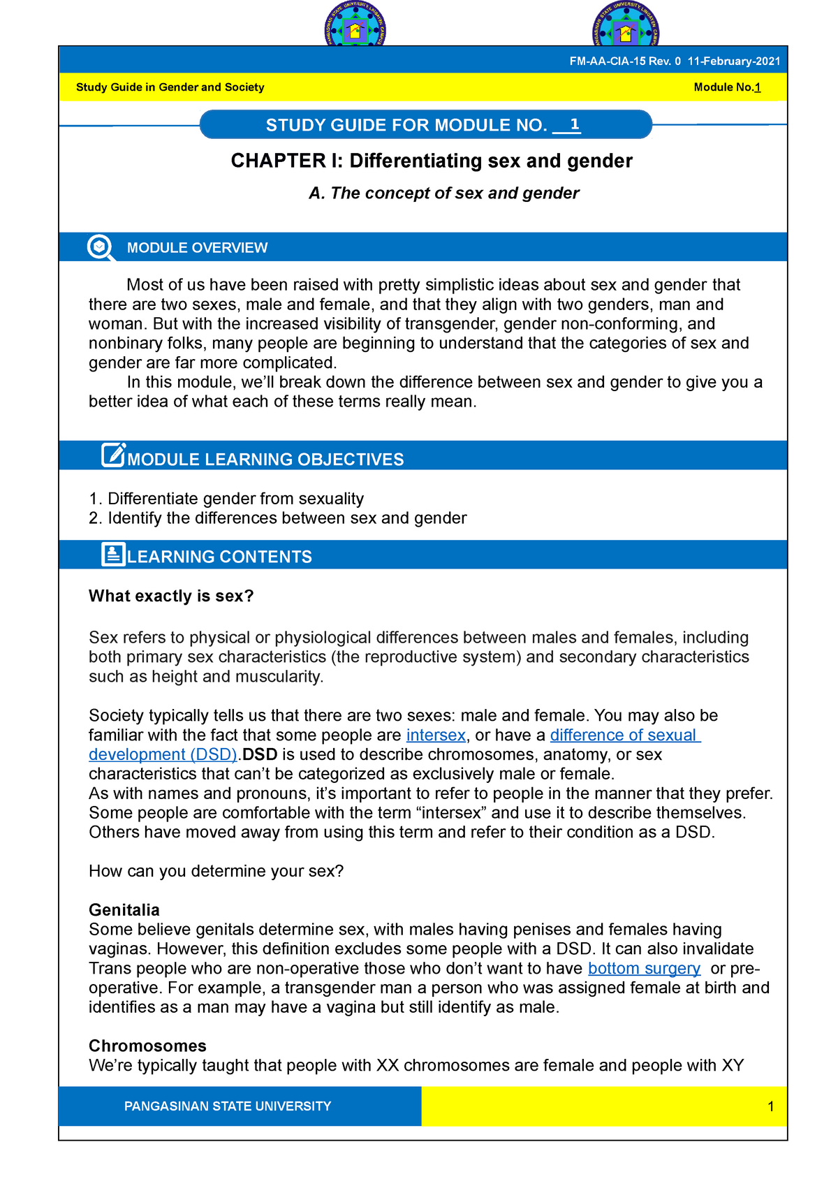 GEE2-Module-1 Sex-and-Gender - Gender And Society - PangSU - Studocu