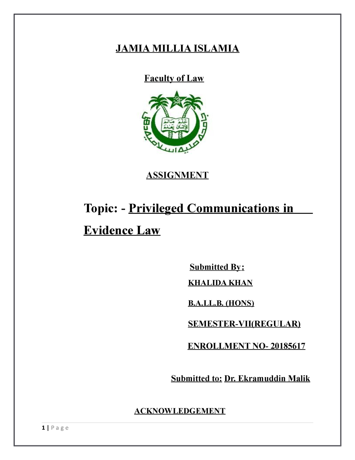 islamia college assignment cover page