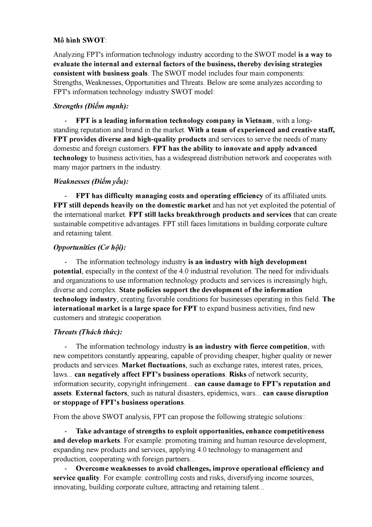 FPT SWOT Mô hình SWOT Analyzing FPT s information technology