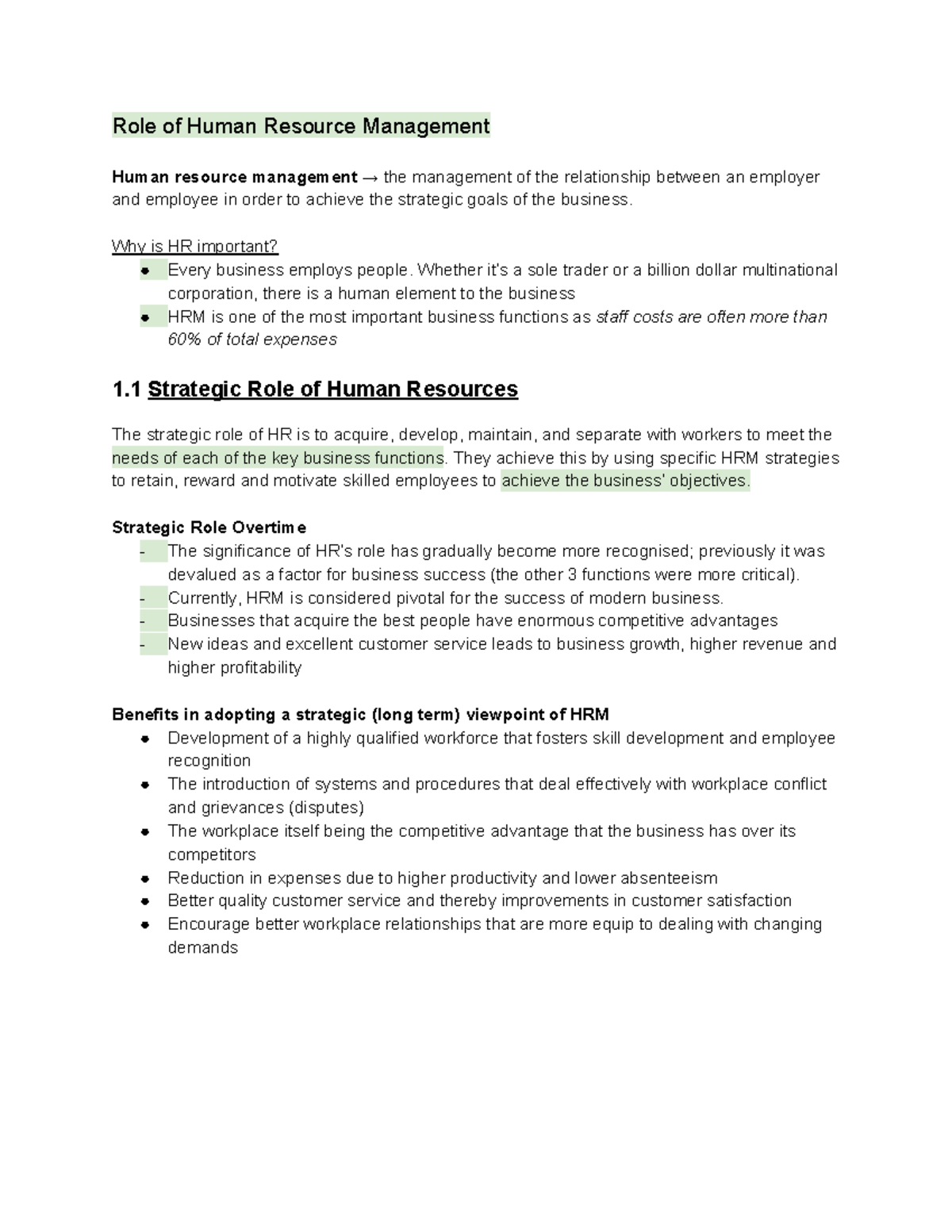 Resources Notes - Role of Human Resource Management Human resource ...