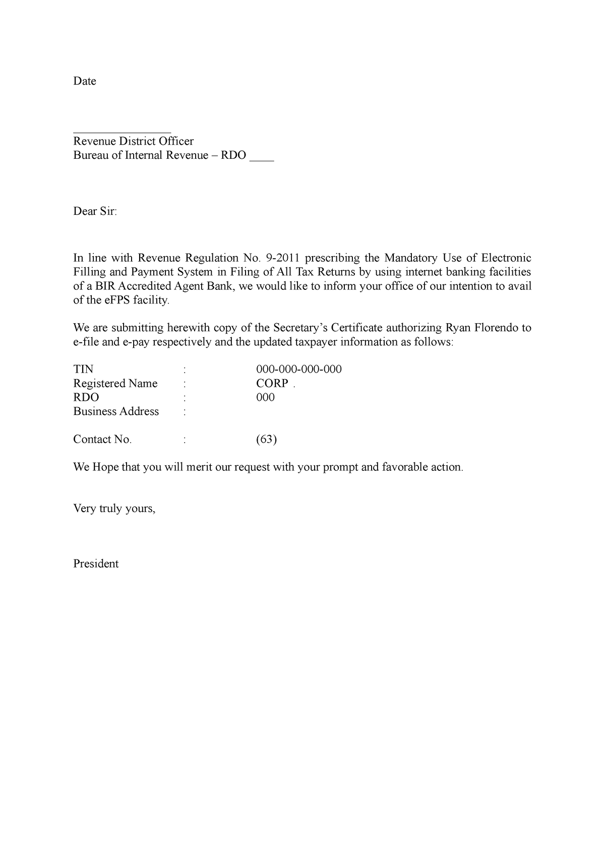 Letter of Intent for EFPS - Date Revenue District Officer Bureau of ...