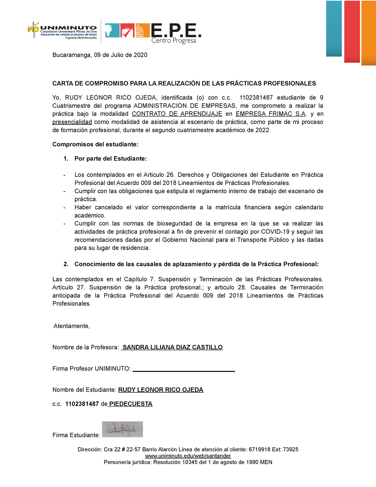 8 Carta De Compromiso Rudy Rico Bucaramanga 09 De Julio De 2020 Carta De Compromiso Para La 6753