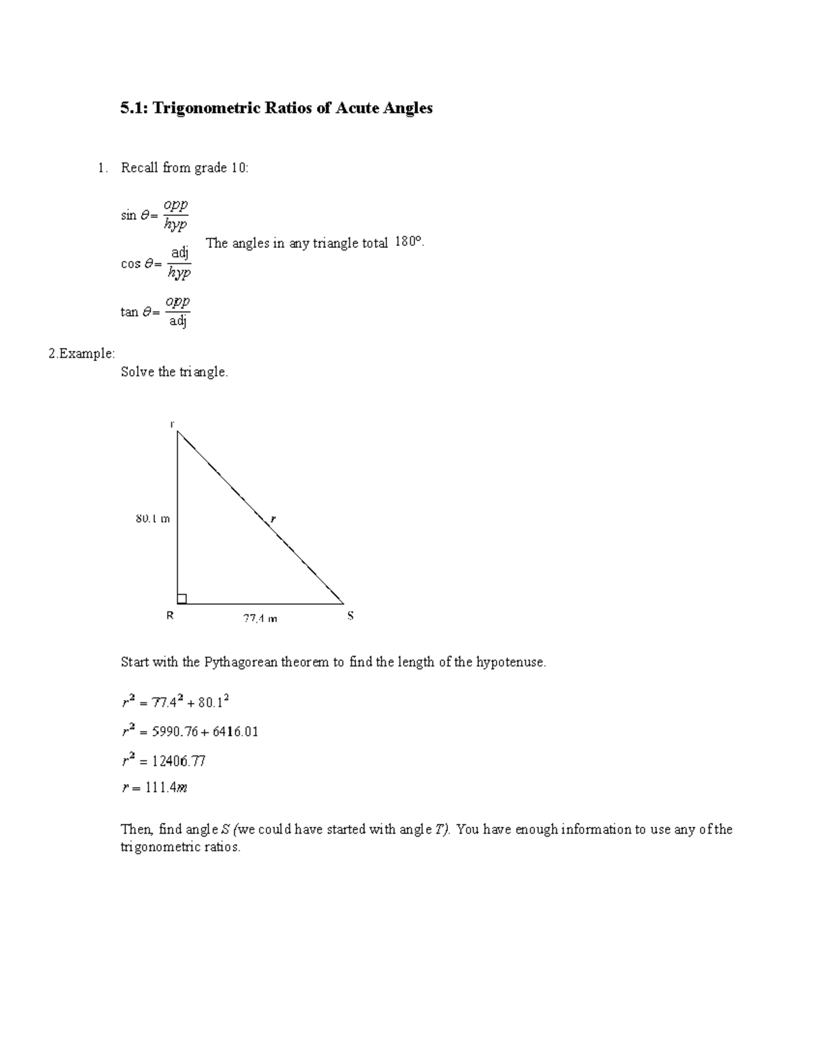 Unit 5, Activity 11 - 5: Trigonometric Ratios Of Acute Angles Recall ...