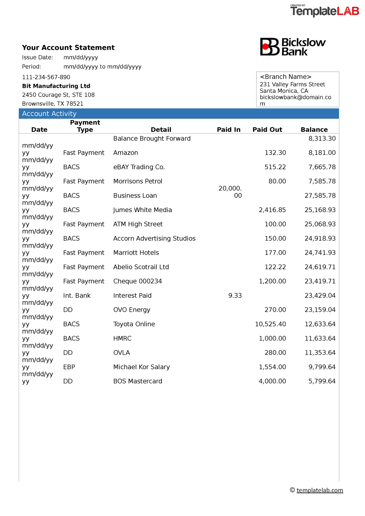 Bank Statement Template 2 - Template Lab - Your Account Statement Issue ...