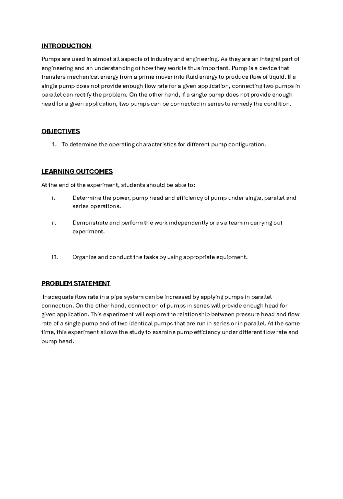 LAB 1.1 Group 1 - INTRODUCTION Pumps are used in almost all aspects of ...