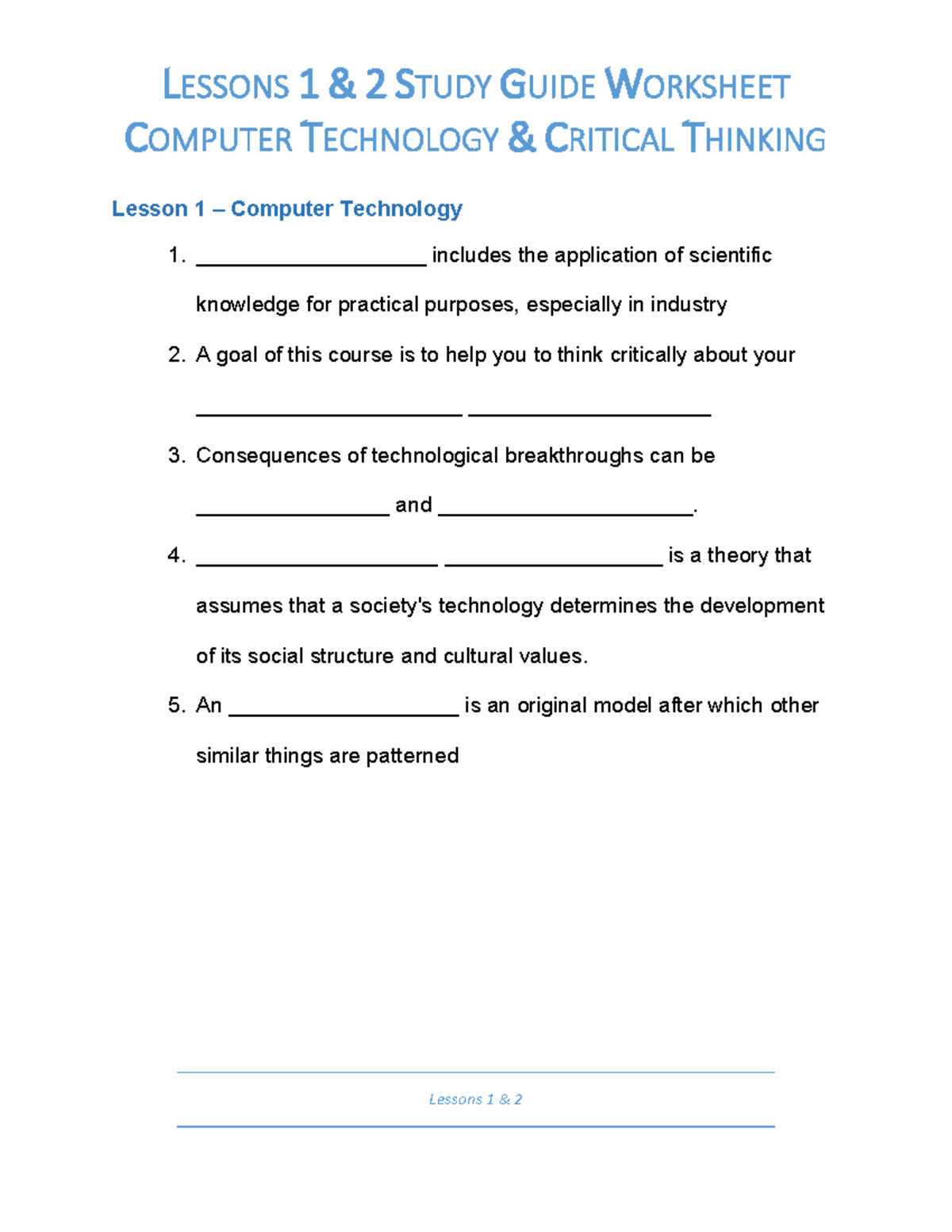 Lessons 1 and 2 - Student Study Guide Worksheet-1 - LESSONS 1 & 2 STUDY ...
