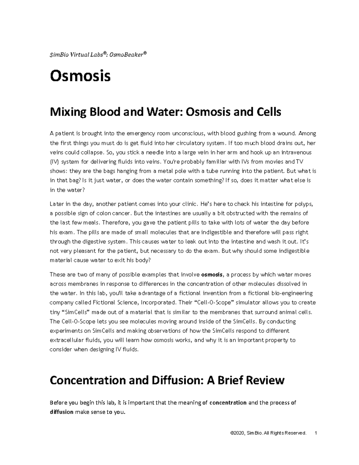 Osmosis Questionnaire EN SimBio Virtual Labs® OsmoBeaker® Osmosis Mixing Blood and Water